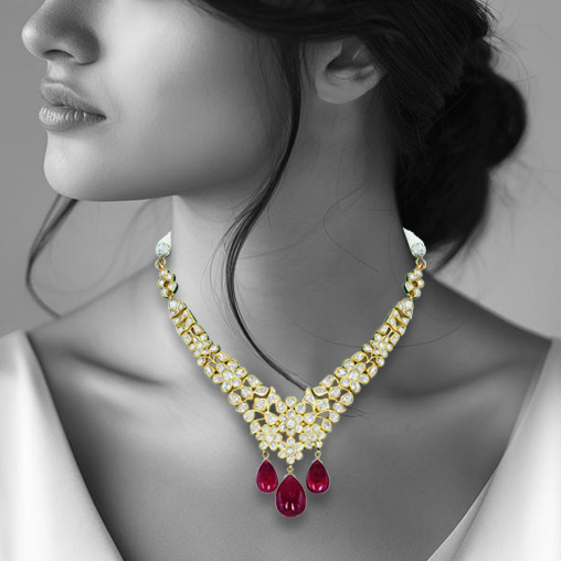 Polki Necklace with Cascading Rubylite Drops
